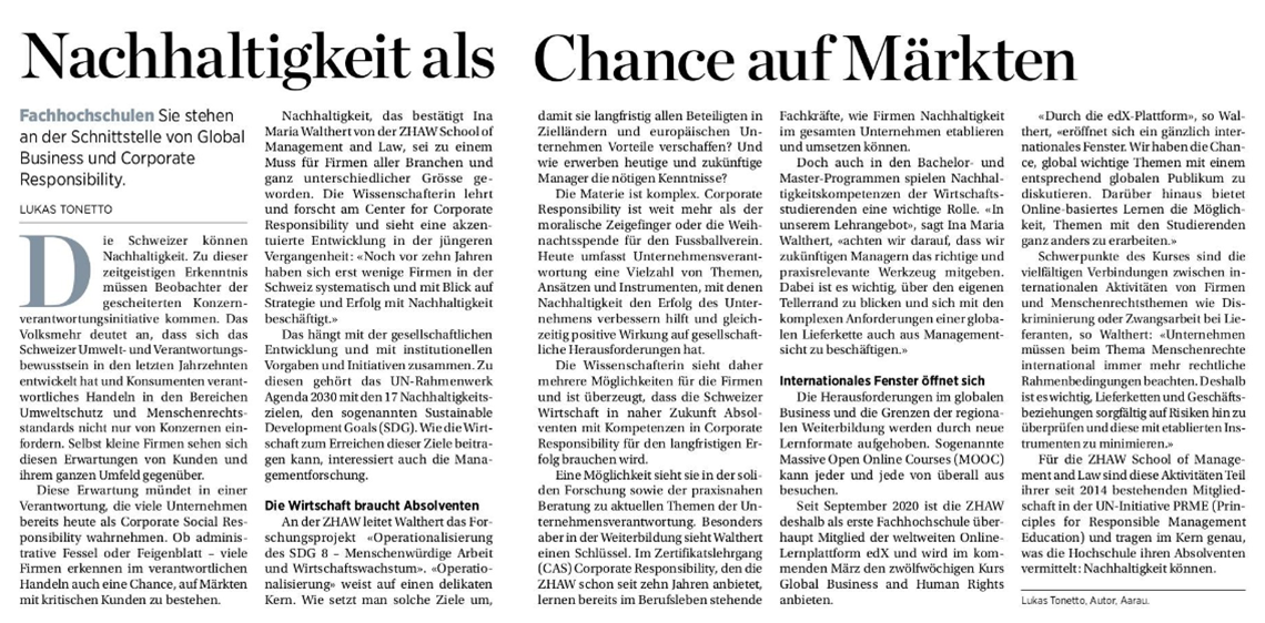 Handelszeitung: Nachhaltigkeit als Chance auf Märkten