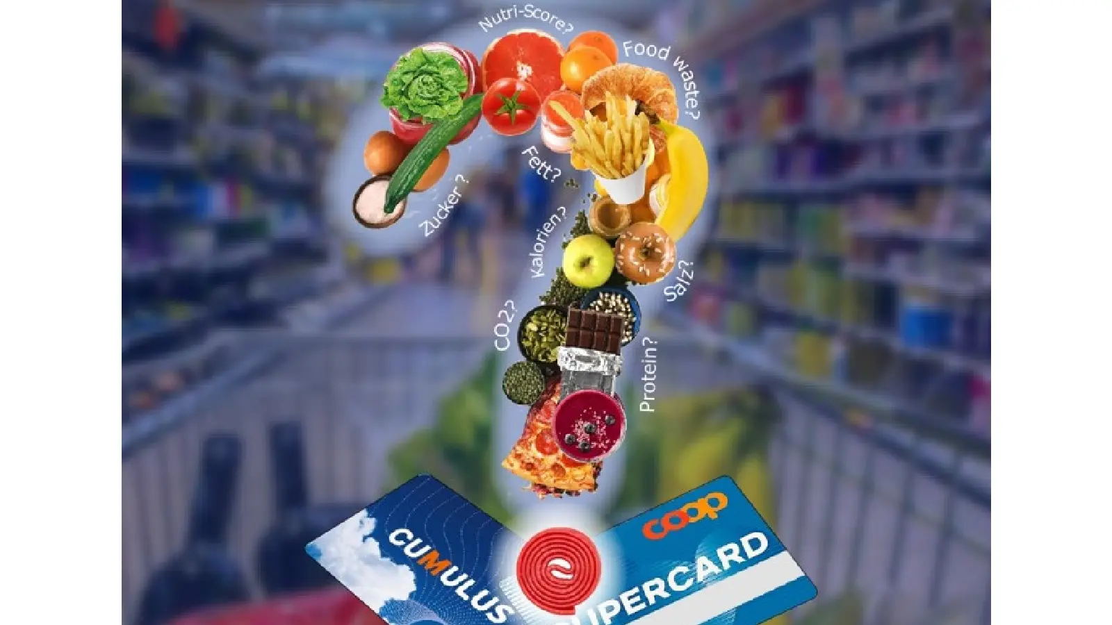 A question mark made of food in front of a blurred background, which is a shop.