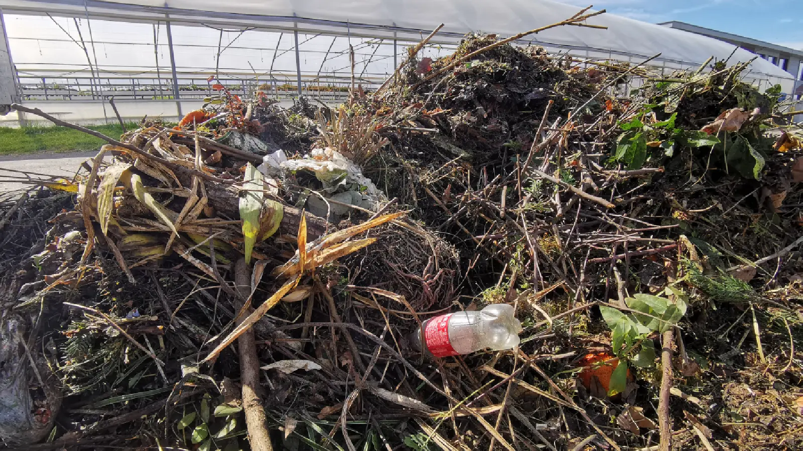 Green waste mixed with plastic under the blue sky