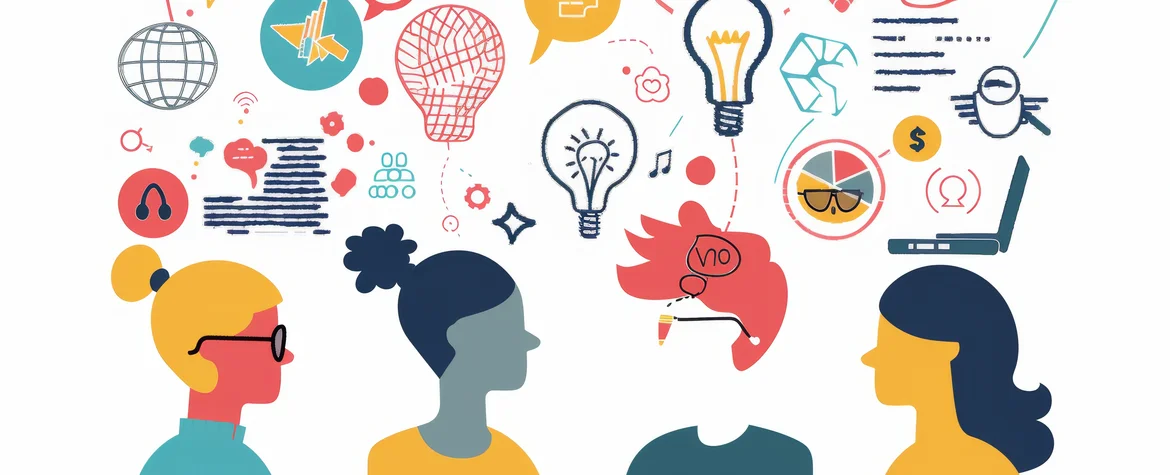Four people are drawn. Only their heads are visible. Various symbols are drawn above their heads: a light bulb, speech bubbles, musical notes, a pie chart, etc.