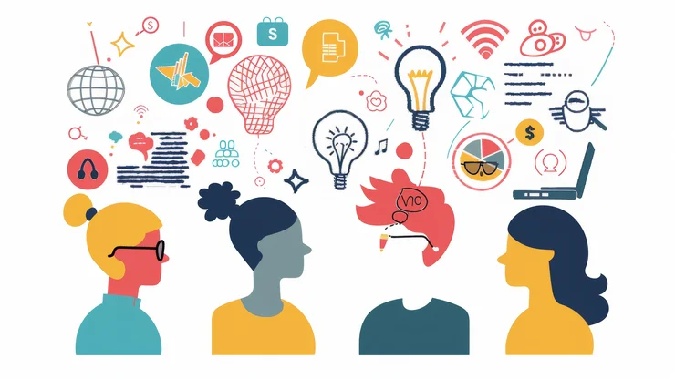 Vier Personen sind gezeichnet. Man sieht nur ihre Köpfe. Oberhalb der Köpf sind verschiedene Zeichen gezeichnet: eine Glühbinre, Sprechblasen, Musiknoten, ein Kreisdiagramm usw.