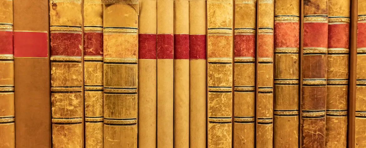 Antique leather cover books on wooden bookshelf