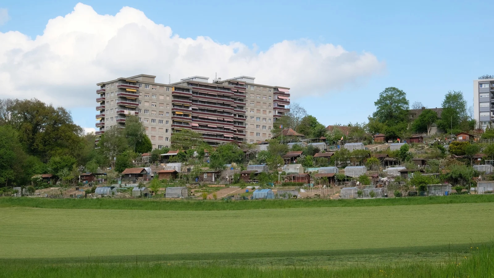 Schönberg in the Canton of Fribourg: Allotment gardeners in front of an apartment building.