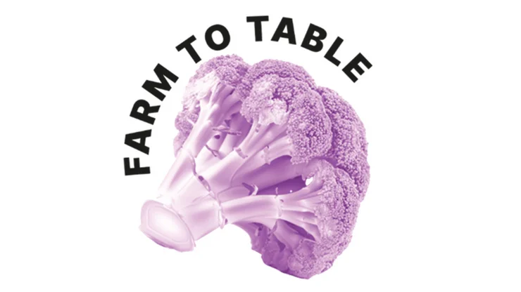 Logo von Farm to Table: ein violett eingefärbter Brokkoli.