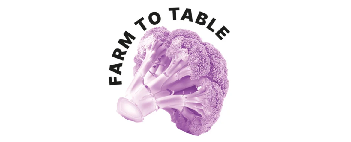 Logo von Farm to Table: ein violett eingefärbter Brokkoli.