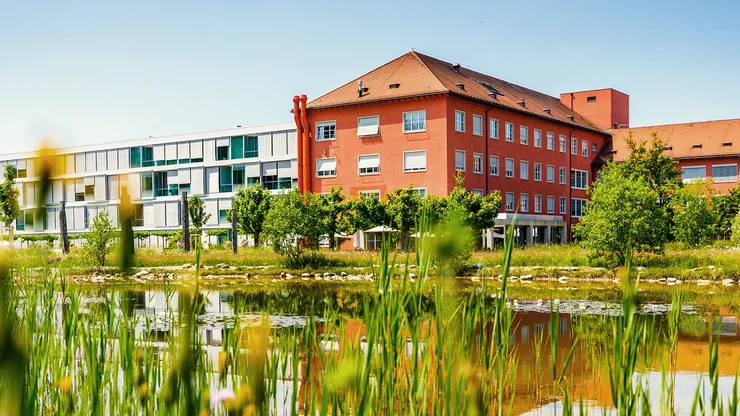 Residenz Neumünster mit angrenzendem Park, Blumen und blauem Himmel