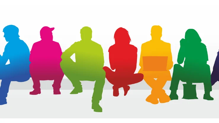 Mehrere farbige Silhouetten von Menschen sitzen nebeneinander.