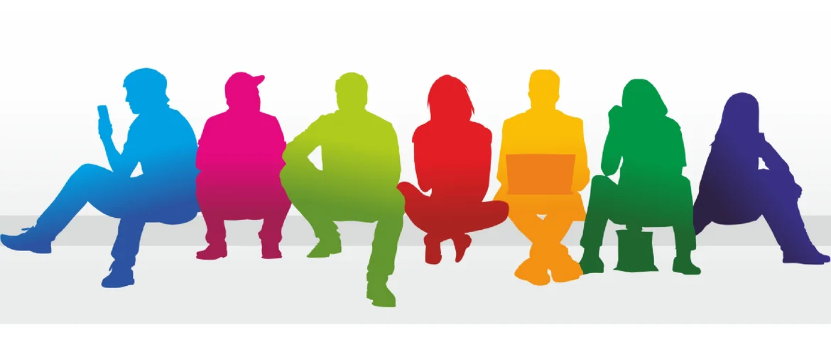 Mehrere farbige Silhouetten von Menschen sitzen nebeneinander.