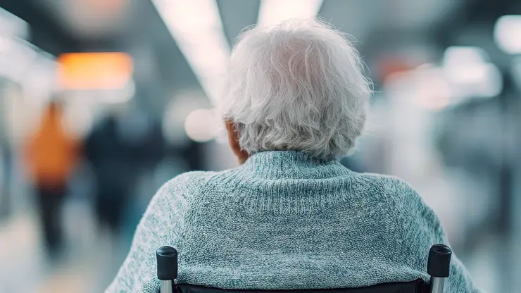 Eine ältere Person im Rollstuhl, die sich in einer belebten U-Bahn-Umgebung befindet und die Themen Barrierefreiheit, Transport und Altern in einer städtischen Umgebung hervorhebt.