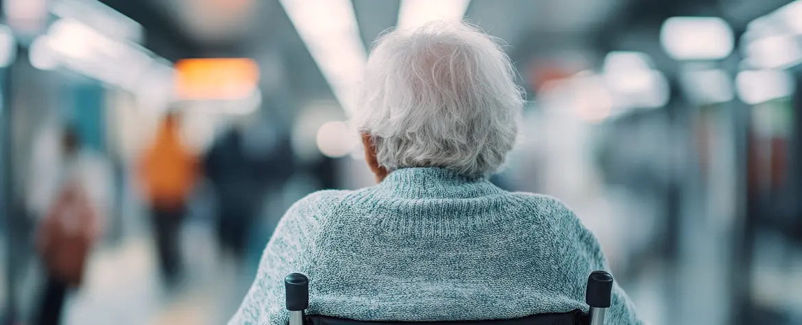 An elderly individual in a wheelchair facing a bustling subway environment, highlighting themes of accessibility, transportation, and aging in an urban setting.
