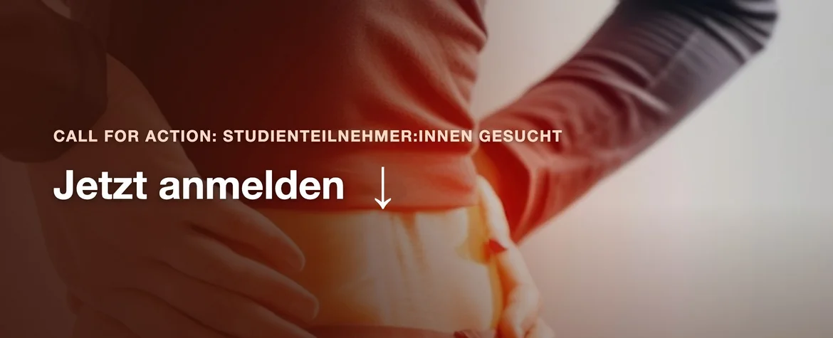 zwei Hände stützen rechts und links den unteren schmerzenden Rücken. der Text ruft auf zur Anmeldung für die Studie