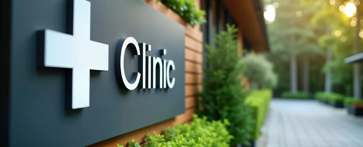 A sign reads ‘Clinic’. Green plants can be seen above and below it.