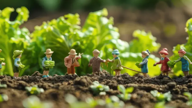 In einem Gartenbeet mit Salat steht eine Gruppe kleiner Menschenfiguren.