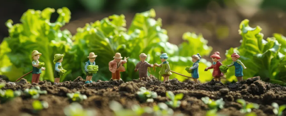 In einem Gartenbeet mit Salat steht eine Gruppe kleiner Menschenfiguren.