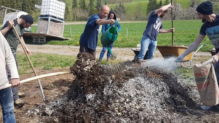 Mehrere Personen bearbeiten einen Misthaufen in einem Feld.