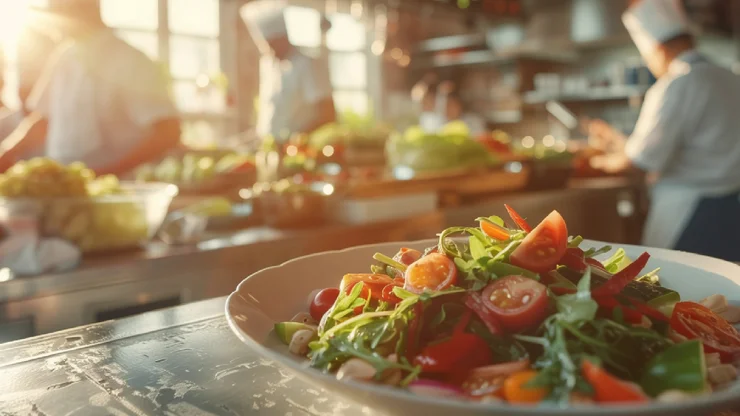 Köche, die in einer Küche arbeiten. Ein Teller mit Salat und Gemüse im Vordergrund.