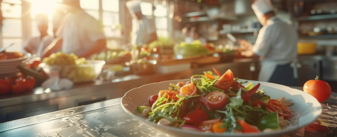 Köche, die in einer Küche arbeiten. Ein Teller mit Salat und Gemüse im Vordergrund.