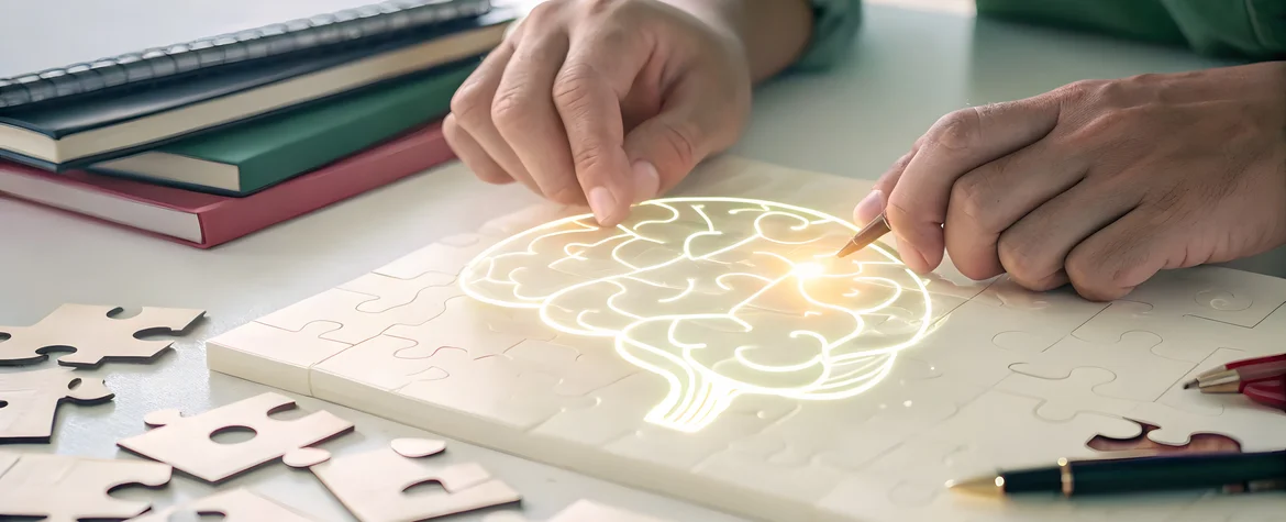 Two hands can be seen putting a jigsaw puzzle together. The shape of a brain is illuminated within the puzzle.
