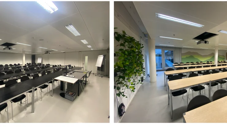 Bild 1: Herkömmlicher Unterrichtsraum mit weissen Wänden, Neonlicht und schwarzen Tischen. Bild 2: Unterrichtsraum mit einer begrünten Wand, einer grün bemalten Wand und einer holzbraunen Wand sowie hellen Tischen,