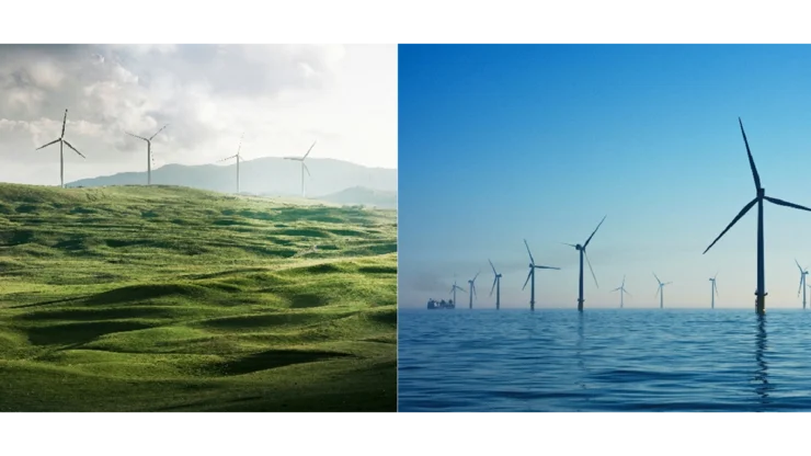 Two photos of exemplary wind farms: an onshore wind farm on green hills with five wind turbines, and an offshore wind farm on the high seas with more than ten wind turbines.