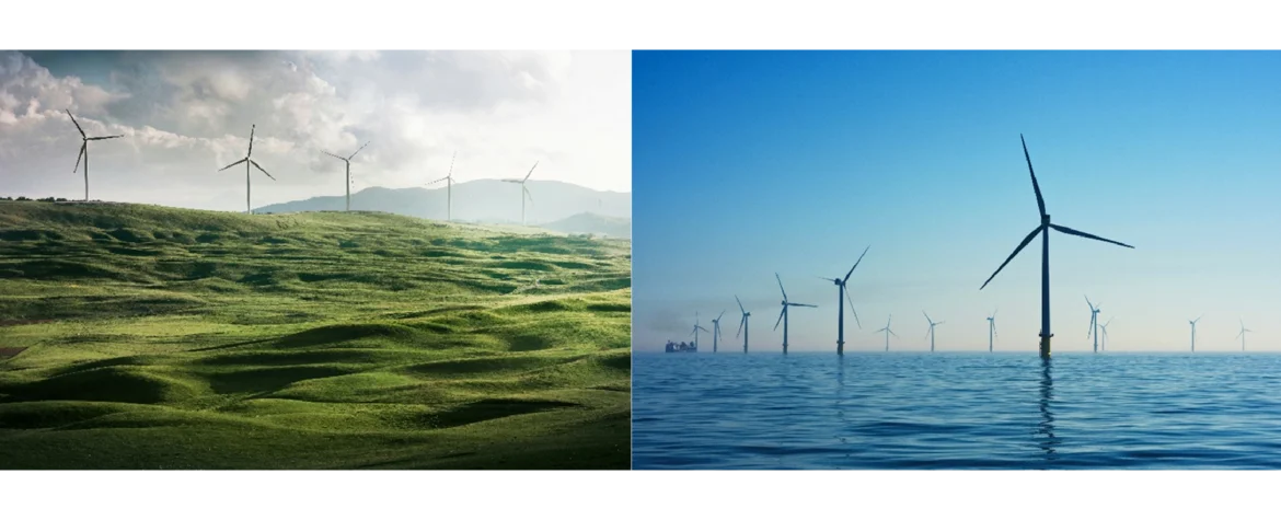 Two photos of exemplary wind farms: an onshore wind farm on green hills with five wind turbines, and an offshore wind farm on the high seas with more than ten wind turbines.