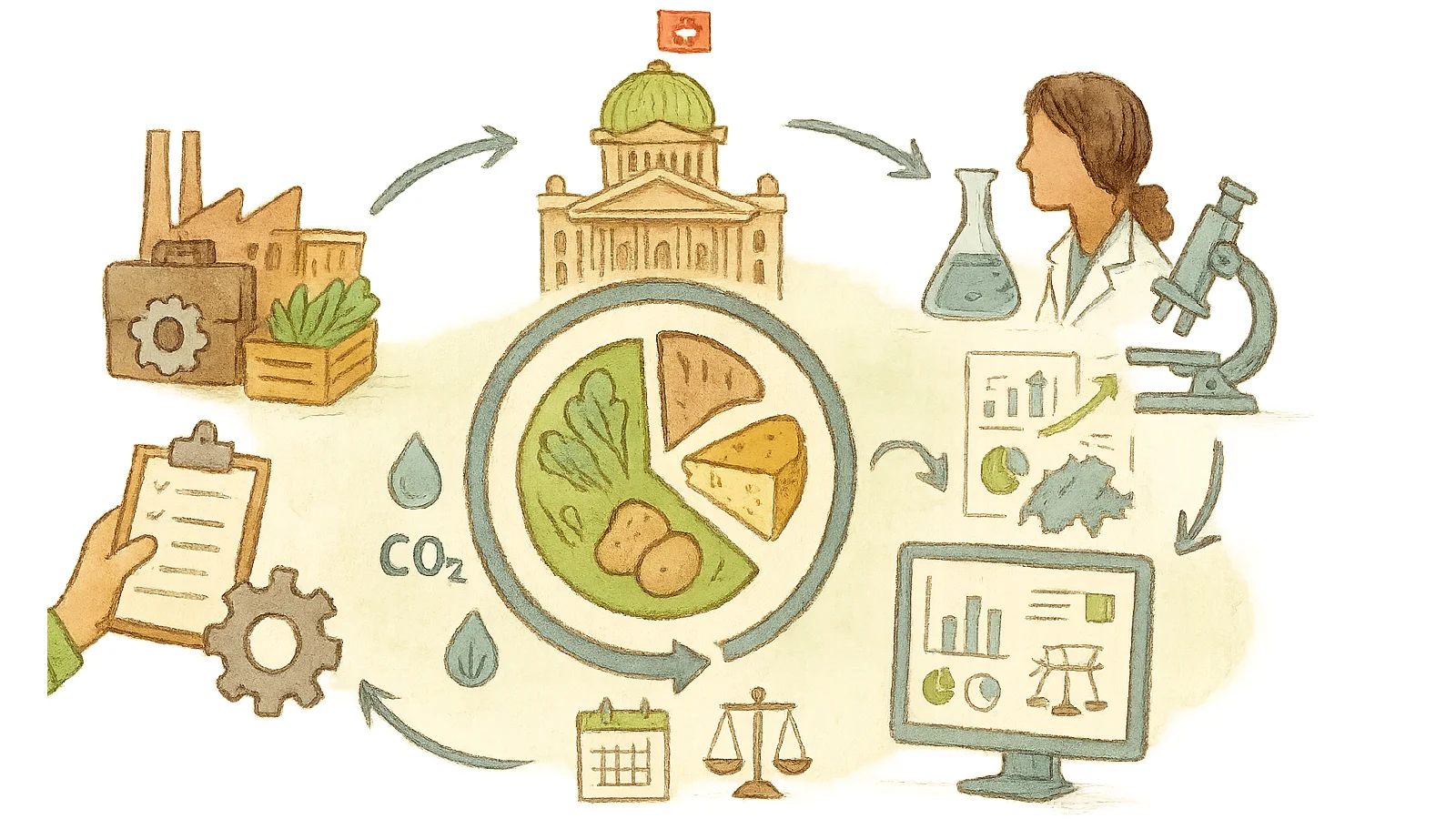 The drawing illustrates an ideal cycle between the government, academia and industry for a monitoring system for food losses.