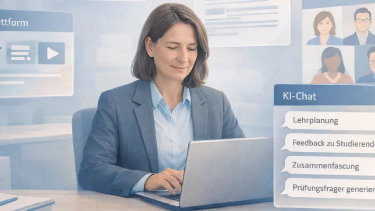 Eine Frau sitzt am Laptop. Um sie herum sind verschiedene "Fenster" von KI-Assistenten offen.