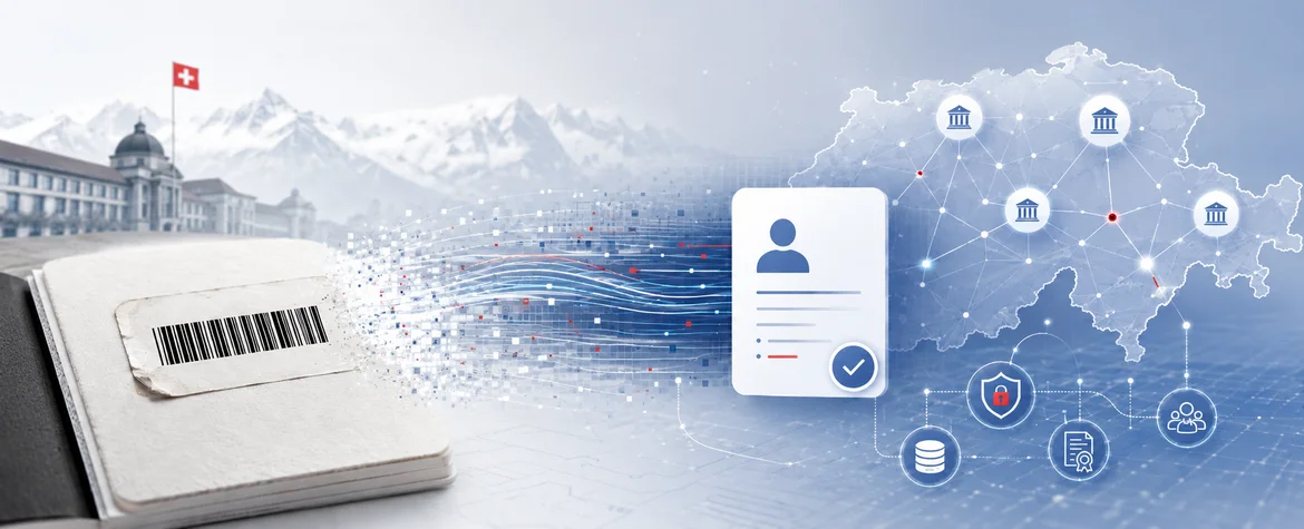 Symbolic representation of the transition from a physical matriculation number sticker to a digital, cross-institutional identification system with connected universities, data flows and security mechanisms.