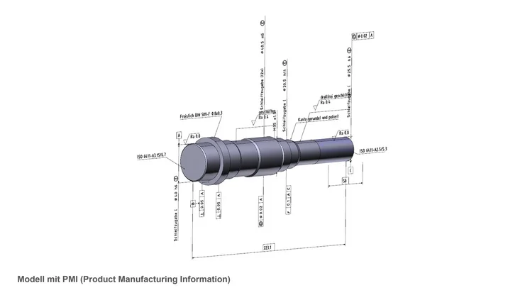 Gezeigt wird eine Welle als Bauteil und entsprechende Form-Lagetoleranzen als Product Manufacturing Information (PMI)