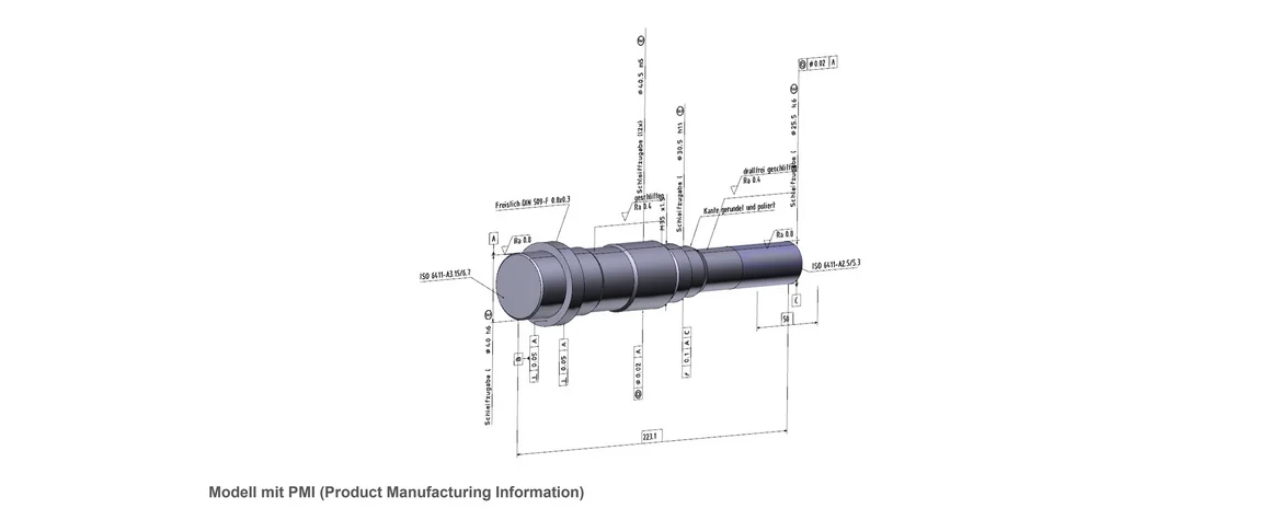 Gezeigt wird eine Welle als Bauteil und entsprechende Form-Lagetoleranzen als Product Manufacturing Information (PMI)