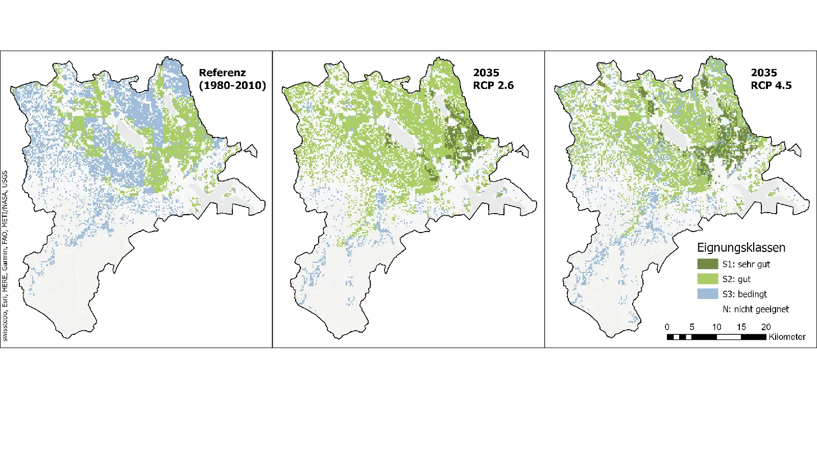 Drei Karten zeigen die Gesamteignung (Boden, Topographie und Klima) Ölkürbis für den Kanton Luzern