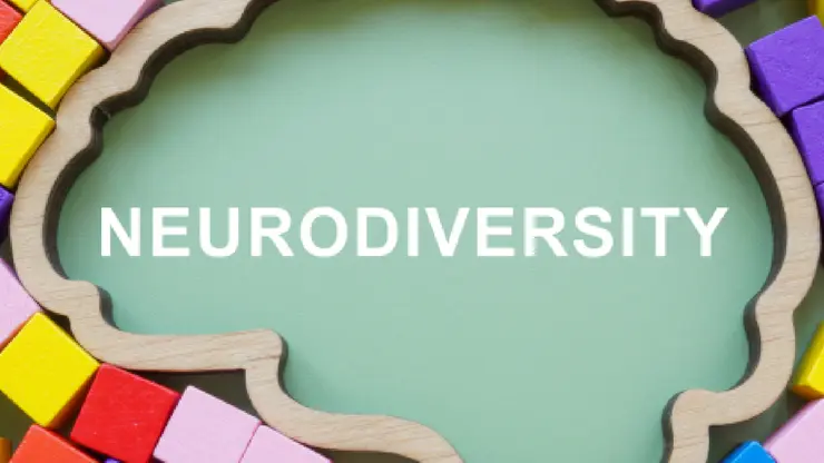 Ein aus Holz ausgeschnittener Querschnitt eine Gehirn ist mit farbigen Holzklötzchen umgeben. In der Mitte steht "Neurodiversity".
