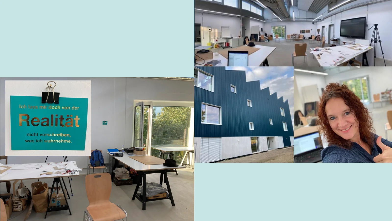 Mehrere Bilder in einem Bild, welche verschiedene Workshop-Räume zeigen sowie die Projektleiterin.