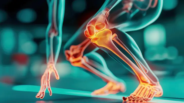 Ein KI-generierter Körper, bei dem die Knochen zu sehen sind, beugt sich und berührt den Boden.