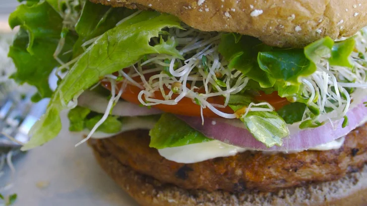 Ein Vegi-Burger ist auf einem Teller und fertig zum Essen.