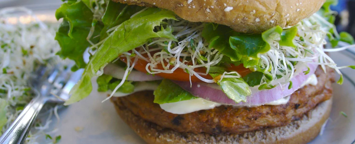 Ein Vegi-Burger ist auf einem Teller und fertig zum Essen. 