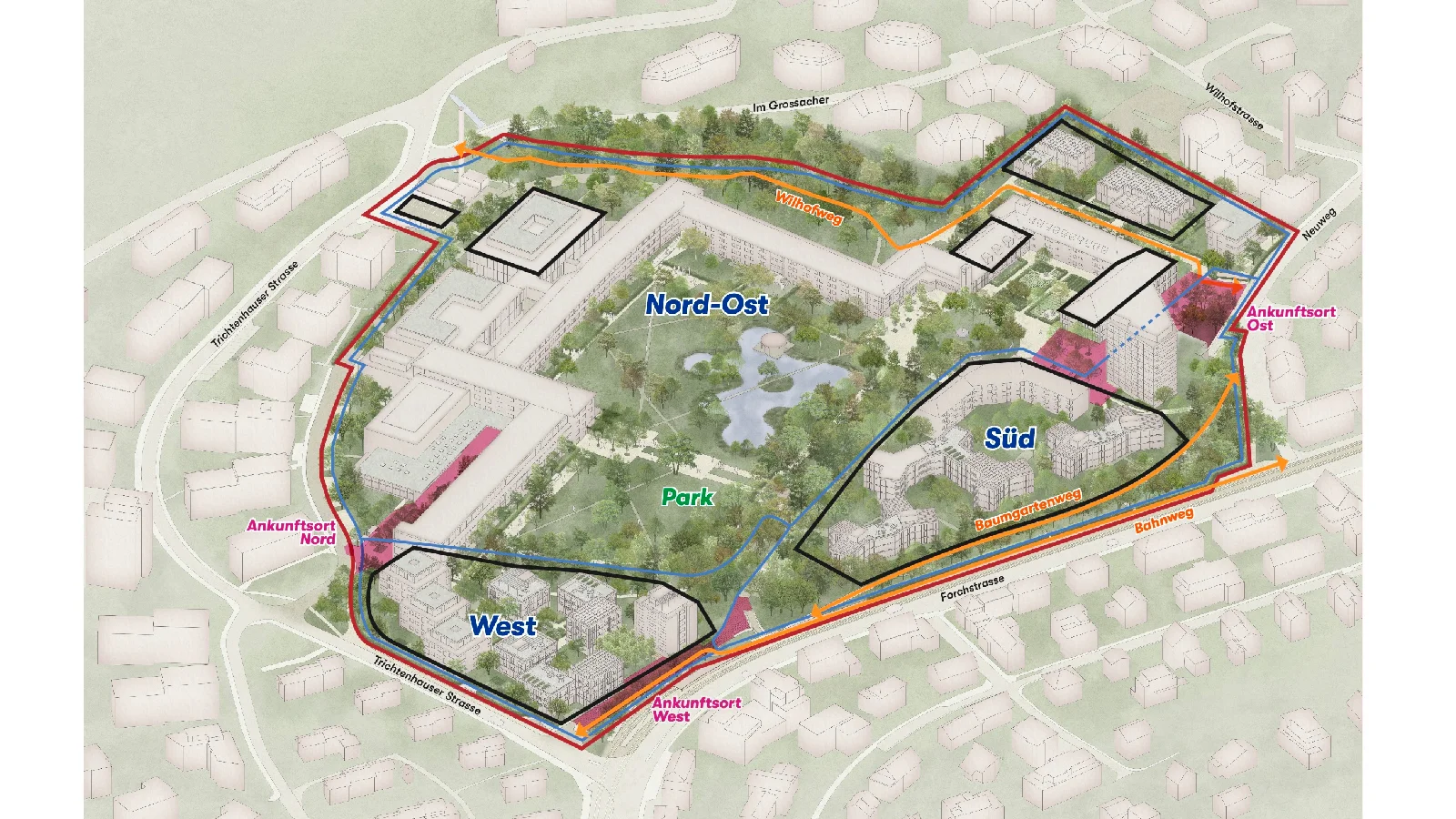 Ausschnitt aus einer Karte: Ausschnitt aus einer Karte: Das rund 11ha grosse Stiftungsareal besteht aus den drei Teilgebieten “West“, „Süd“ und „Nord-Ost“ mit dem dazugehörigen Park in der Mitte des Areals.