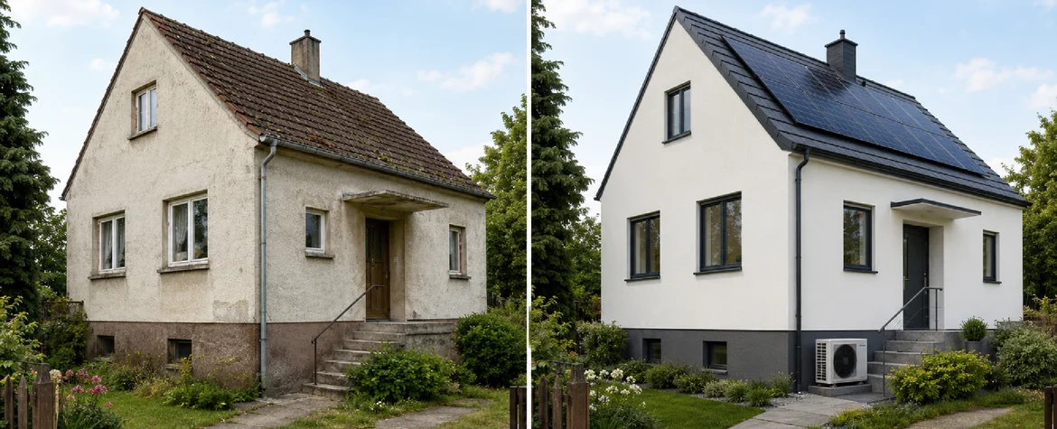Sanierung mit alter Fassade, verwittertem Dach und ungepflegtem Garten zu sehen. Rechts ist dasselbe Haus nach einer energetischen Renovation mit neuer Fassade, modernem Dach, Solarpanels, neuen Fenstern und Wärmepumpe dargestellt.