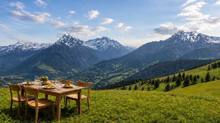 Ein Tisch auf einer Wiese in den Bergen. Im Hintergrund eine Bergkulisse.