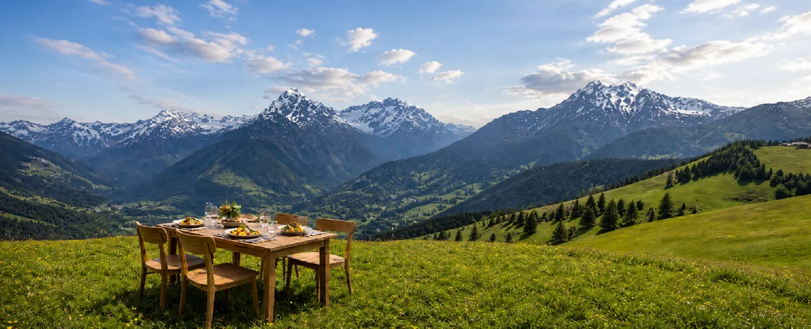 Ein Tisch auf einer Wiese in den Bergen. Im Hintergrund eine Bergkulisse.