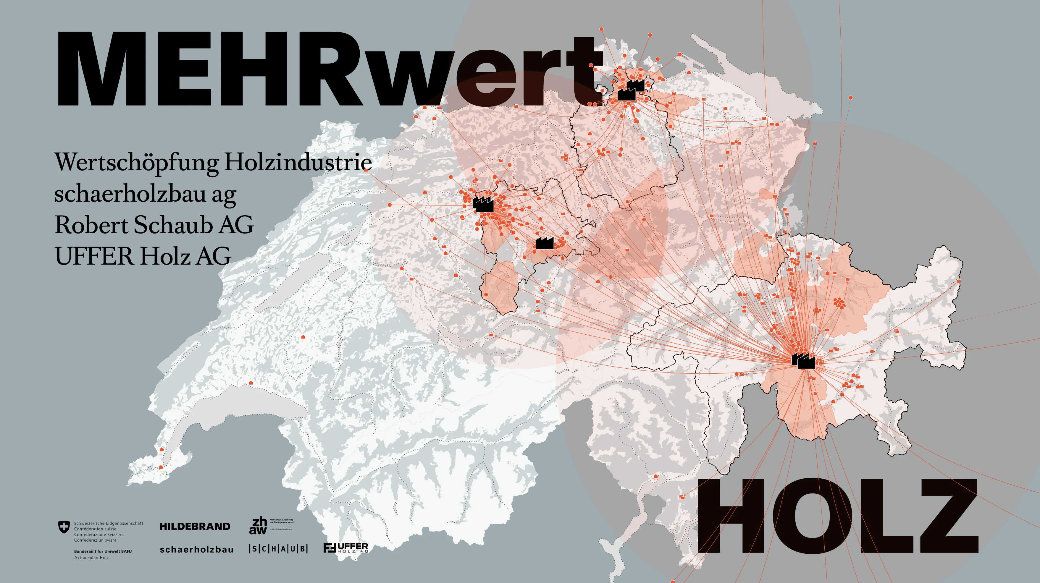 Im Hintergrund ist die Karte der Schweiz zu sehen. Verschiedene Punkte sind mit Linien verbundne um die kurzen Wege von Schweizer Holz zu Industrie zu zeigen.
