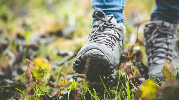 Ausschnitt der Füsse einer Person, die mit Wanderschuhen durch eine Wiese geht.