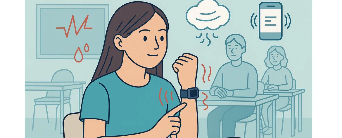 A drawing shows a schoolgirl pointing at her smartwatch. The schoolgirl is sitting in the classroom.