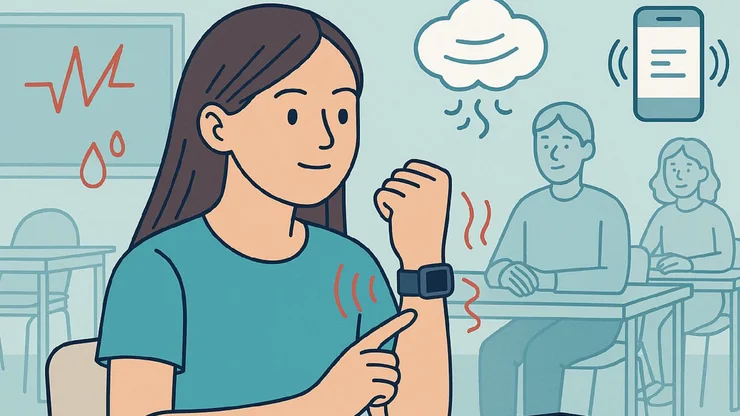 Eine Zeichnung zeigt eine Schülerin, die auf ihre Smart-Uhr zeigt. Die Schülerin sitzt im Schulzimmer.